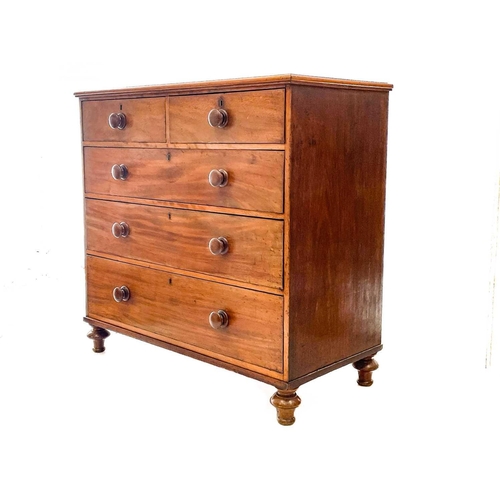 608 - A 19th century mahogany chest of drawers. With two short and three long drawers on bun feet, height ... 