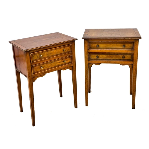 615 - A pair of Georgian style yew veneered bedside tables. Late 20th century, each fitted two drawers, on... 