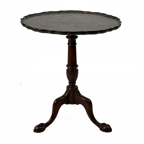 620 - A George III style burr elm pie crust tripod wine table. 19th century, raised on a mahogany wrythen ... 