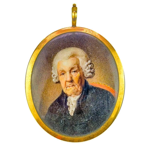 63 - A 19th century portrait miniature. An oval, bust length portrait of a gentleman, wearing a powdered ... 