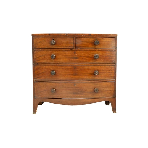 657 - A 19th century mahogany bow fronted chest of drawers. With two short and three long drawers raised o... 