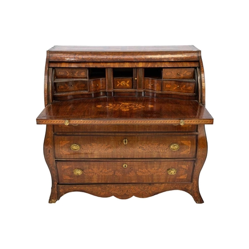 661 - A late 19th century Dutch mahogany and fruitwood marquetry bombe cylinder bureau. The roll top front... 