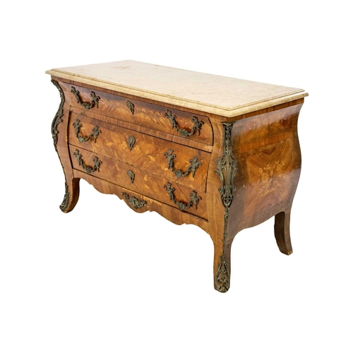 663 - A Louis XV style kingwood and fruitwood marquetry marble top bombe commode. With brass mounts and th... 