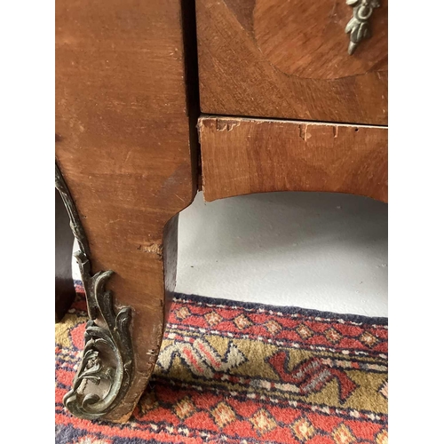 663 - A Louis XV style kingwood and fruitwood marquetry marble top bombe commode. With brass mounts and th... 