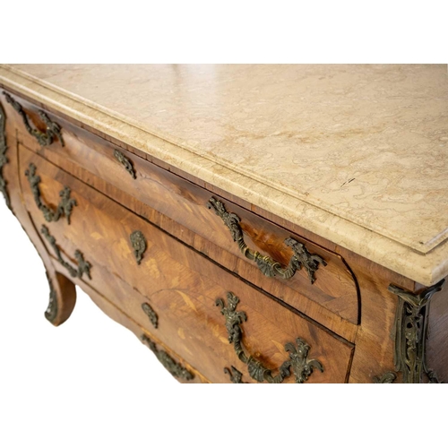 663 - A Louis XV style kingwood and fruitwood marquetry marble top bombe commode. With brass mounts and th... 