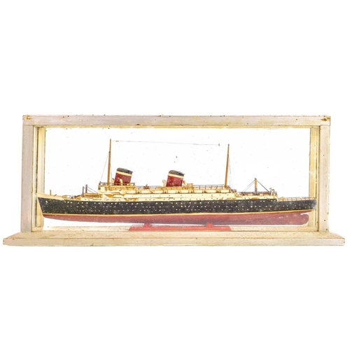 67 - A scratch built model of a S S America. In a glazed case, dimensions of case are 21cm width 53.5cm d... 