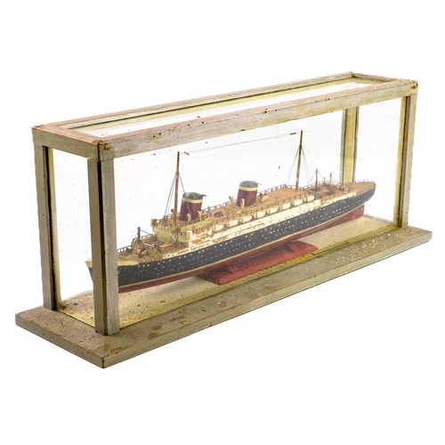 67 - A scratch built model of a S S America. In a glazed case, dimensions of case are 21cm width 53.5cm d... 