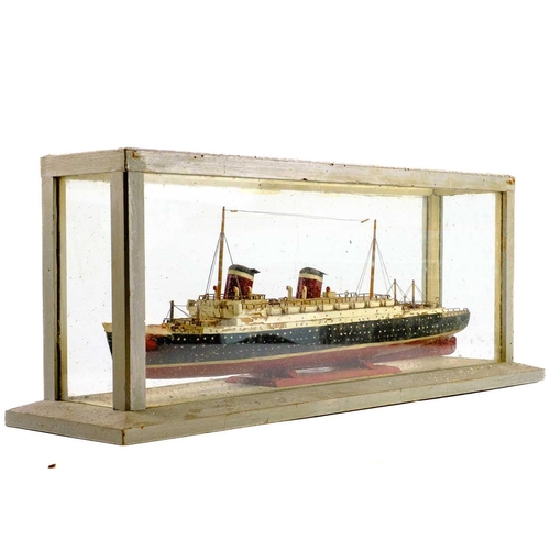 67 - A scratch built model of a S S America. In a glazed case, dimensions of case are 21cm width 53.5cm d... 