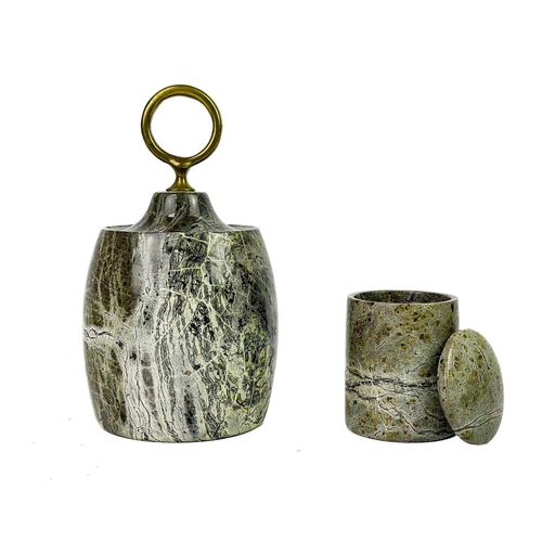 73 - A Cornish serpentine door stop with brass loop handle. Height 19cm together with four other serpenti... 