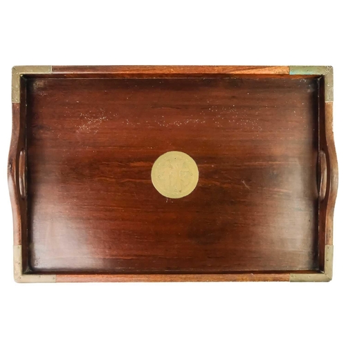 90 - A set of three graduated Chinese hardwood and brass trays. The largest 50.5cm x 35.5cm.