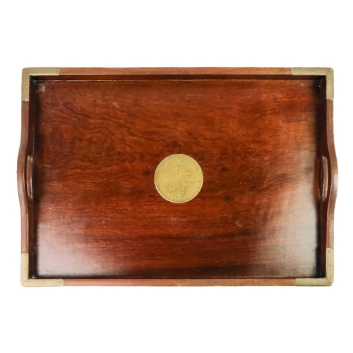 90 - A set of three graduated Chinese hardwood and brass trays. The largest 50.5cm x 35.5cm.