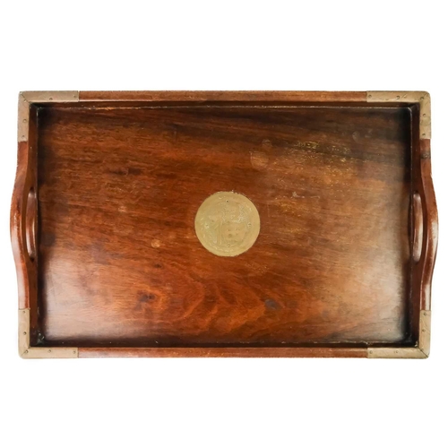 90 - A set of three graduated Chinese hardwood and brass trays. The largest 50.5cm x 35.5cm.