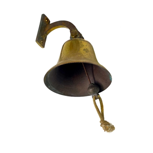 95 - A hanging brass bell. Height 13cm, together with a pair of Victorian brass candlesticks, a twin hand... 