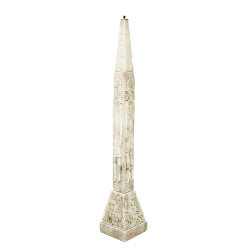 98 - An Egyptianesque alabaster obelisk lamp standard. Early-mid 20th century, carved with figures and hi... 