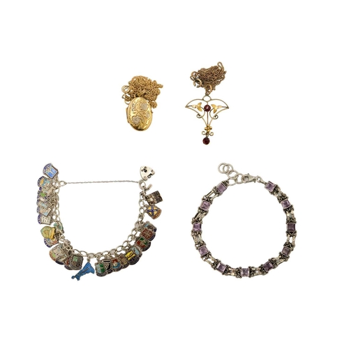 31 - Various 9ct gold and silver jewels. Including a 9ct Art Nouveau pendant necklace, a 9ct locket and n... 