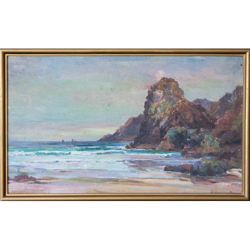 105 - Garstin COX (1892-1933) Cornish Beach View Oil on board, signed, 30cm x 50cm, 33cm x 53cm framed.