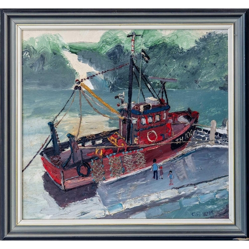 147 - Fred YATES (1922-2008) Fishing Boat at Harbour Oil on board, signed, 41 x 45cm, 50 x 54cm framed.