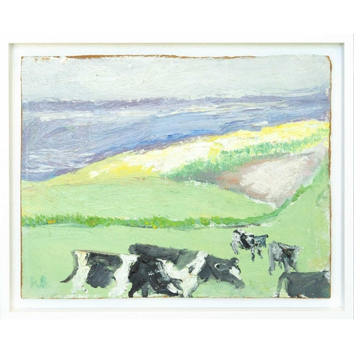 159 - Romi BEHRENS (1939-2019) Cows Grazing  Oil on board, initialled, 26 x 33cm, 31 x 37.5cm framed.