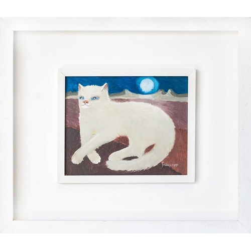 191 - Mary FEDDEN (1915-2012) White Cat (1991) Oil on board, signed and dated 1991, 16 x 20cm, 35 x 40.5cm... 