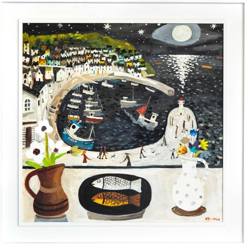 20 - Alan FURNEAUX (1953) Moonlit Mousehole with Still Life  Oil on panel, signed, 76 x 76cm, framed 93 x... 