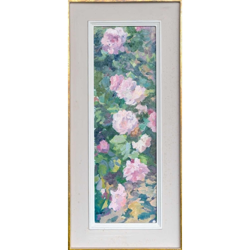 224 - John HARVEY (1935) Roses Oil on board, signed, further signed and inscribed to verso, 42 x 13cm, 53 ... 