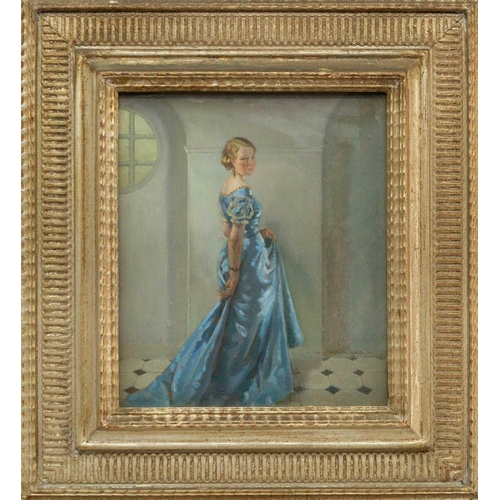 242 - Arthur HAYWARD (1889-1950) The Blue Dress Oil on board, signed, previous auction label to verso, 26c... 