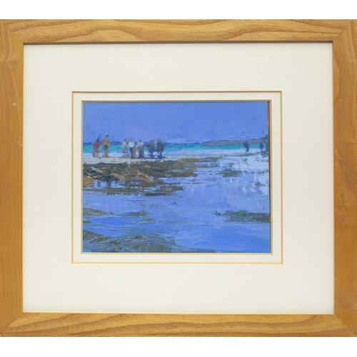 254 - Neil PINKETT (1958) Figures on a Beach Oil on board, signed, 21 x 25cm, 44 x 49cm framed.