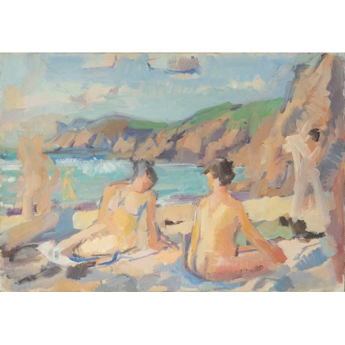 306 - John HARVEY (1935, St Ives Society Of Artists) Figures On a Beach Oil on canvas, studio stamp verso,... 