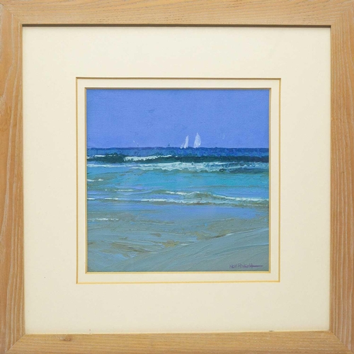 336 - Neil PINKETT (1958) Sails from Porthcurno Oil on board, signed 24 x 24cm, 48 x 48cm framed.