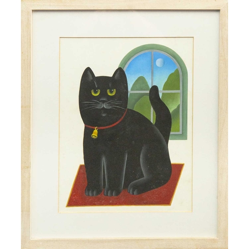 346 - Martin LEMAN (1934) Black Cat on Red Rug Oil on board, 30 x 23cm, 43 x 36cm framed.