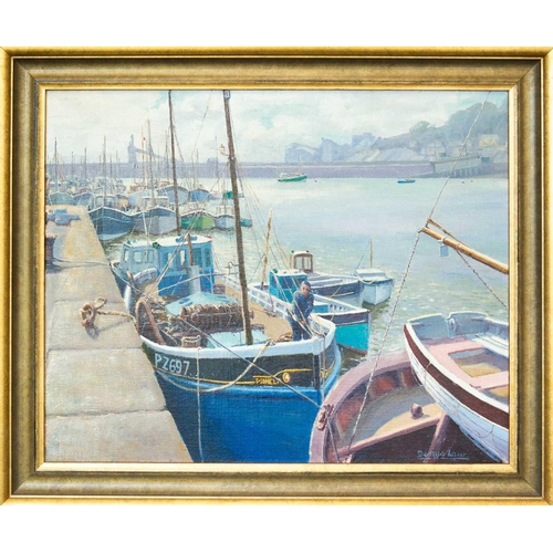 369 - Denys LAW (1907-1981) Newlyn Harbour Oil on board, signed, 40 x 49.5cm, 50 x 59cm framed.