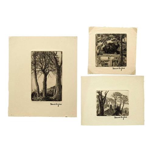 413 - Eleanor HUGHES (1882-1959) Three small etchings  Sycamores with Farm in the Distance, 1939, stamped ... 