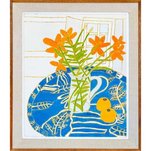 42 - Bryan PEARCE (1929-2006) Still Life with Orange Flowers, 1996  Oil on board, signed, artist's label ... 