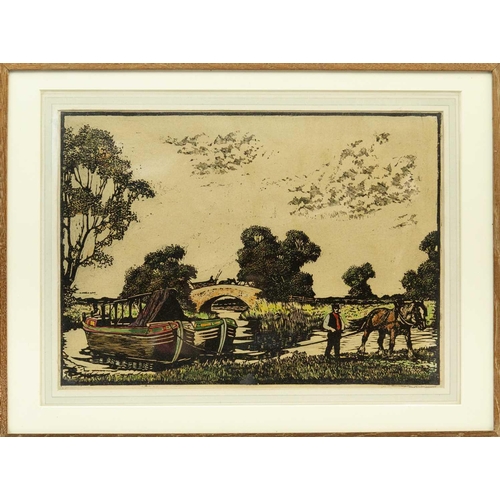 487 - Hayden Reynolds MACKAY (1883-1979) The Horse-Drawn Barge Linocut, signed, 33 x 46cm, 46 x 61cm frame... 