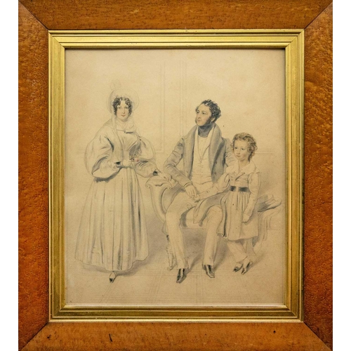 509 - Early Victorian English School Family Portrait Watercolour, 60 x 51cm, maple veneered frame 83 x 73 ... 