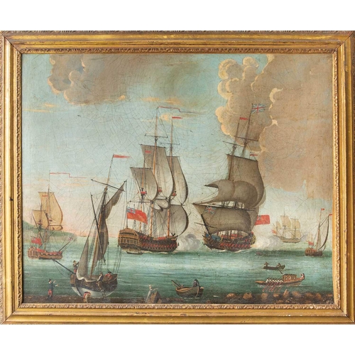 517 - 18th century Marine School Shipping Oil on canvas, lined, 80x99cm and 94x113cm including the frame