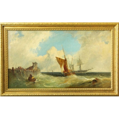 555 - James Edwin MEADOWS(1828-1888) A fishing smack entering harbour, a frigate standing off Oil on canva... 