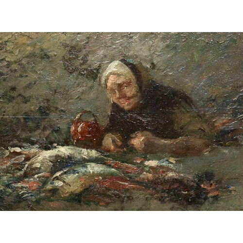 560 - Attributed to Dudley HARDY (1865-1922) Fishwife Oil on panel, 22.5x31.5cm and 41.5x49cm including th... 