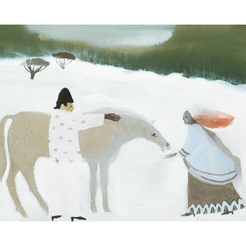 70 - Mary FEDDEN (1915-2012) Figures & Horse (1984) Gouache, signed and dated 1984, 16.5 x 21cm, 31 x 35.... 