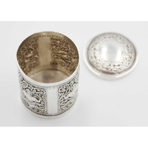 113 - An Indian silver cannister, early 20th century, Stamped initials 'S.S' in the base, the cover with a... 