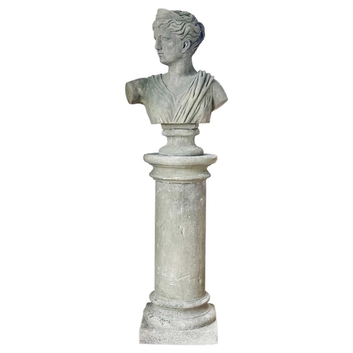 121 - A reconstituted stone classical bust. Raised on a circular plinth, height 140cm, width 44cm.