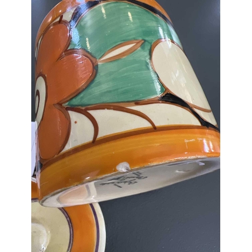 141 - A Clarice Cliff Floreat pattern preserve pot and cover. Bizarre Newport Pottery marks, height 8.5cm.... 