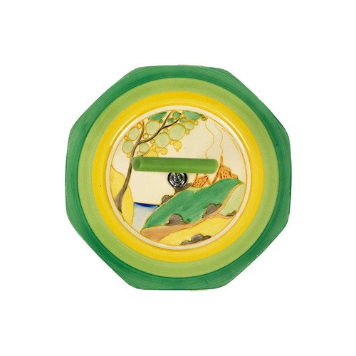 154 - A Clarice Cliff Secrets pattern octagonal cake plate. With chrome and green Bakelite handle, Fantasq... 