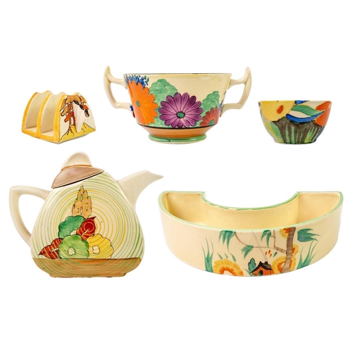 161 - A collection of various Clarice Cliff. Including, a Capri pattern Trieste teapot unmarked, a Delecia... 