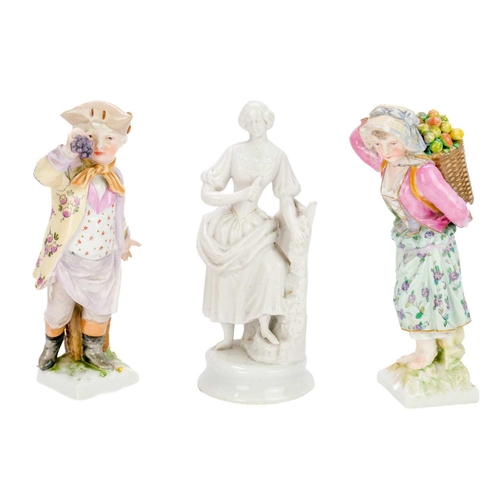 180 - A pair of Berlin K.P.M figures of fruit pickers. Height 15.5cm together with a continental porcelain... 