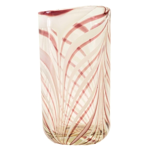 205 - An iridescent art glass tapering vase. Height 20cm, width 16.5cm, a glass swirl design vase, height ... 