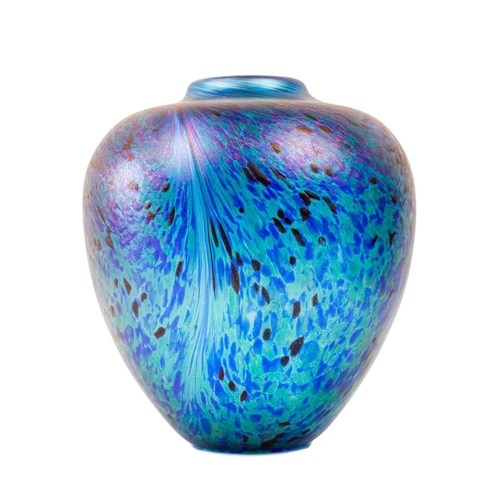 205 - An iridescent art glass tapering vase. Height 20cm, width 16.5cm, a glass swirl design vase, height ... 