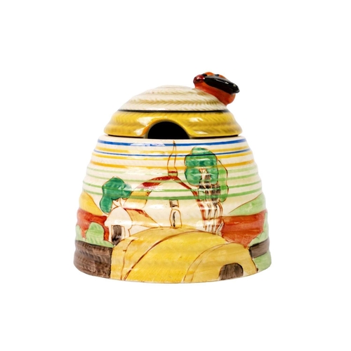 207 - An unusual Clarice Cliff Orange Cottage Roof pattern beehive honeypot. Also with banded decoration, ... 