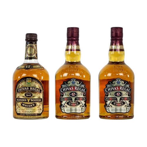 216 - Three 75cl bottles of Chivas Regal blended Scotch whisky. One bottle was purchased in the late 1980'... 