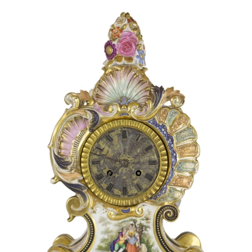 232 - A Paris porcelain mantel clock, 19th century. On stand, height 50cm, width 28.5cm.